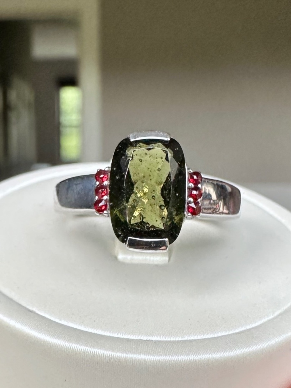 💎 Czech Republic Moldavite & Red Garnet 925 SS Statement Ring 💍 Size 9.25